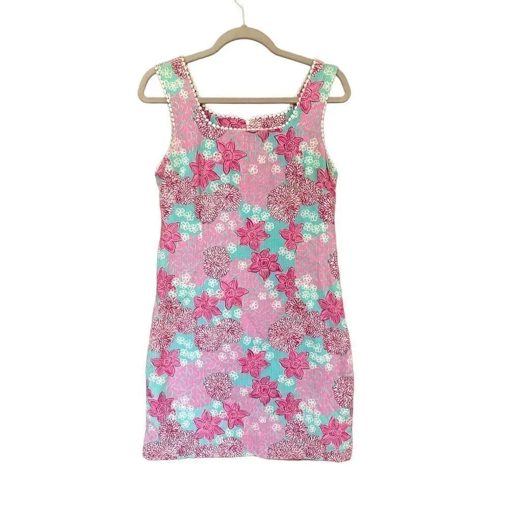 Lilly Pulitzer Women's White Label Aqua Pink Floral Lace Trim Shift Dress Size 8